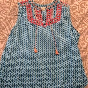 JCrew Embroidered Blue and Neon Pink Top